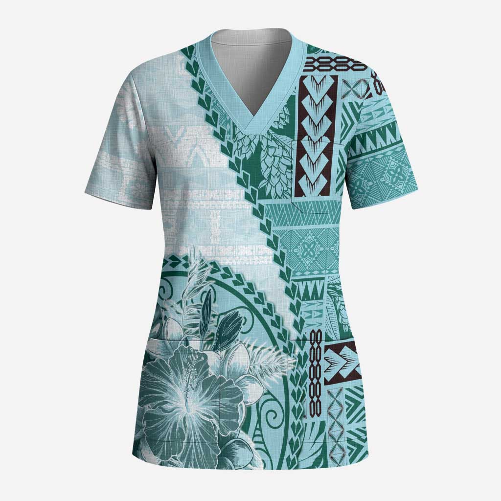 Samoa Siapo Elegant Scrub Top Hibiscus Teal Motifs LT05 Adult Teal - Polynesian Pride