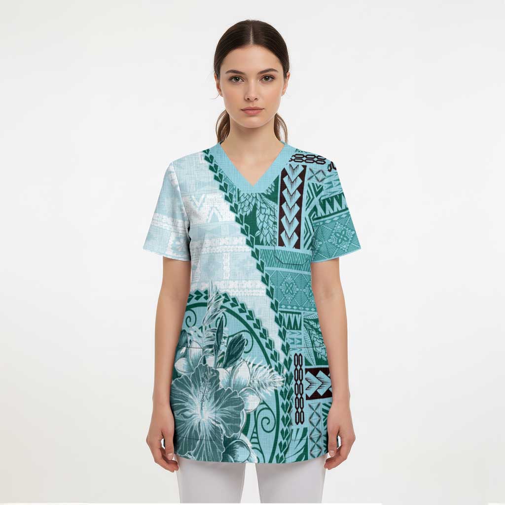Samoa Siapo Elegant Scrub Top Hibiscus Teal Motifs LT05 - Polynesian Pride