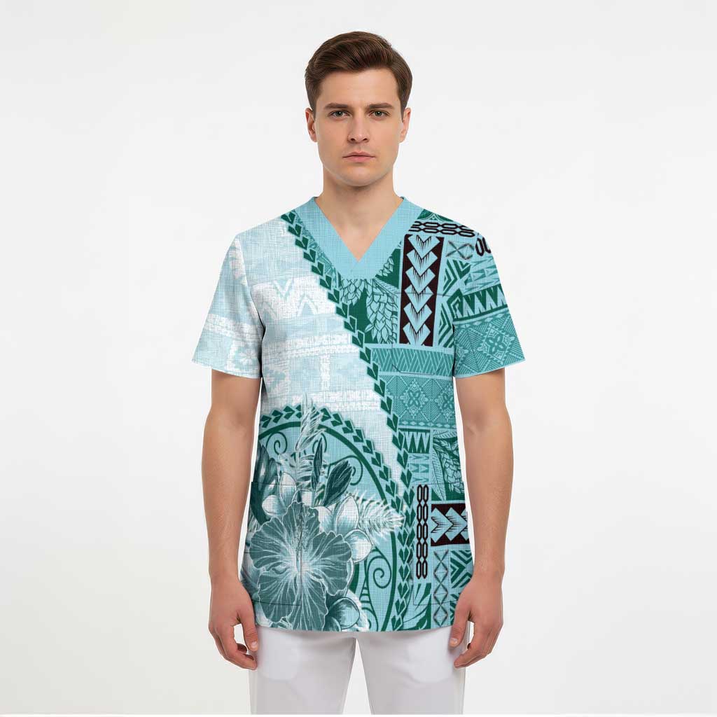 Samoa Siapo Elegant Scrub Top Hibiscus Teal Motifs LT05 - Polynesian Pride