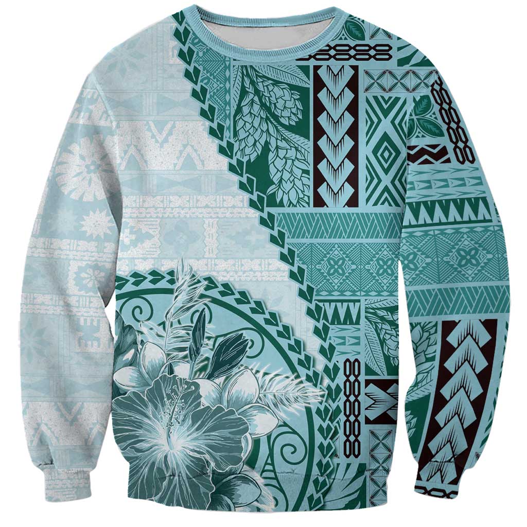 Samoa Siapo Elegant Sweatshirt Hibiscus Teal Motifs LT05 Unisex Teal - Polynesian Pride