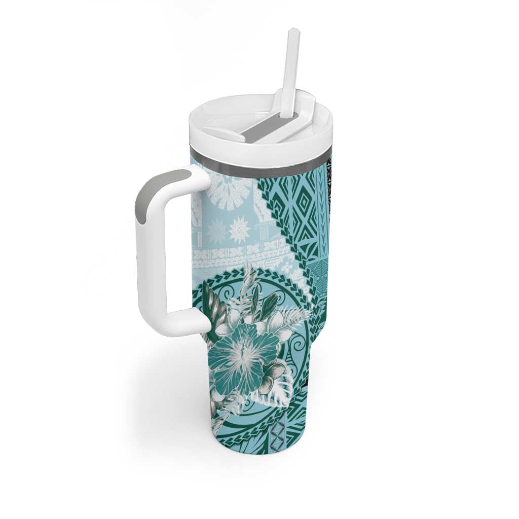 Samoa Siapo Elegant Tumbler With Handle Hibiscus Teal Motifs LT05 - Polynesian Pride