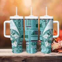 Samoa Siapo Elegant Tumbler With Handle Hibiscus Teal Motifs LT05 - Polynesian Pride