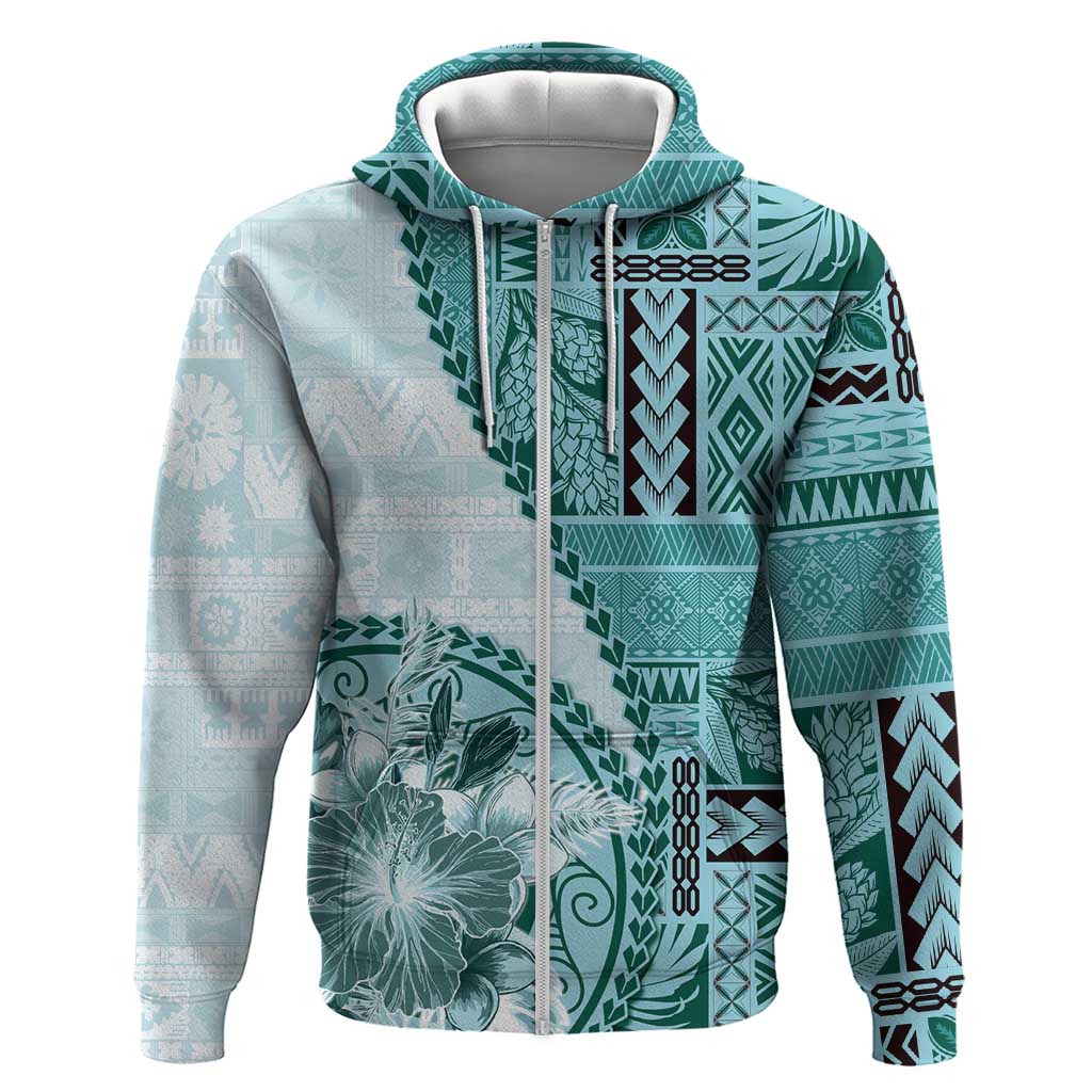 Samoa Siapo Elegant Zip Hoodie Hibiscus Teal Motifs LT05 Zip Hoodie Teal - Polynesian Pride