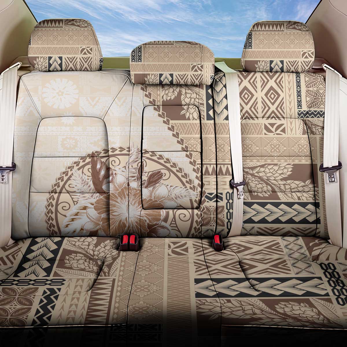 Samoa Siapo Elegant Back Car Seat Cover Hibiscus Beige Motifs LT05 One Size Beige - Polynesian Pride