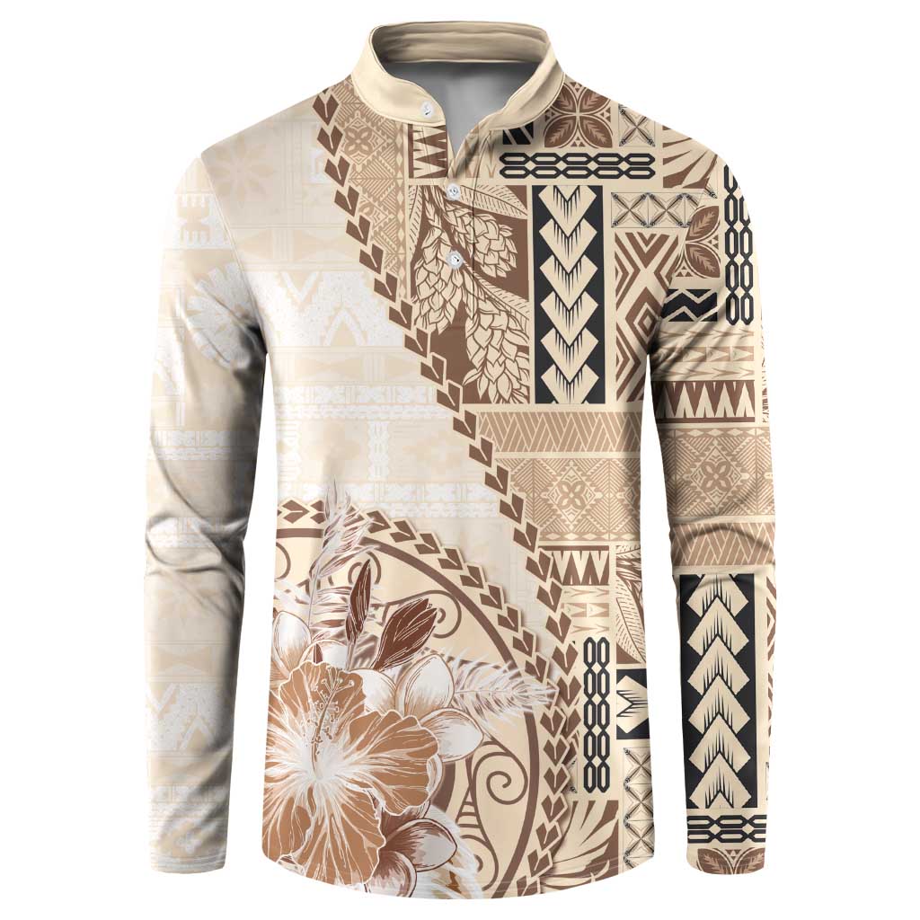 Samoa Siapo Elegant Button Sweatshirt Hibiscus Beige Motifs LT05 Beige - Polynesian Pride