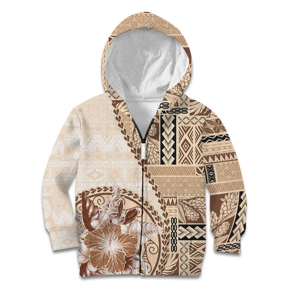 Samoa Siapo Elegant Kid Hoodie Hibiscus Beige Motifs LT05 Zip Hoodie Beige - Polynesian Pride