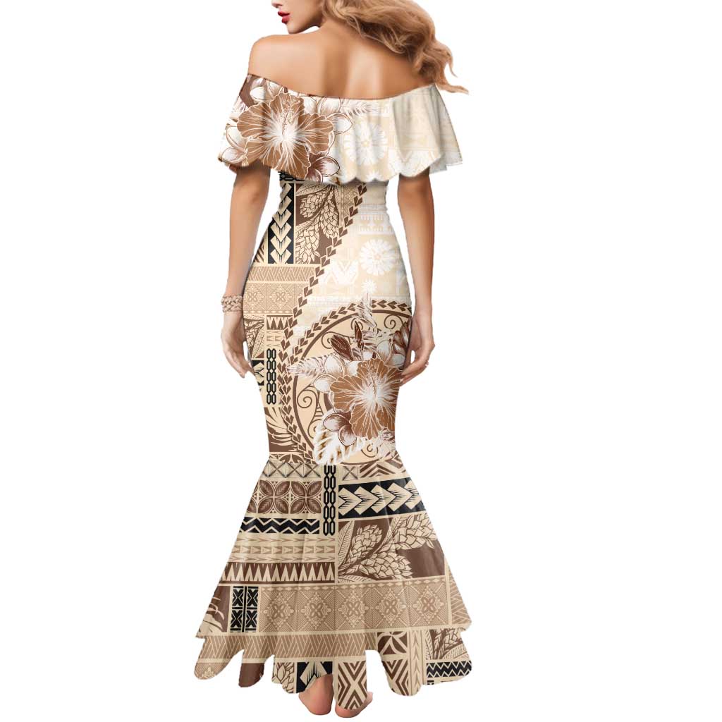 Samoa Siapo Elegant Mermaid Dress Hibiscus Beige Motifs LT05 - Polynesian Pride