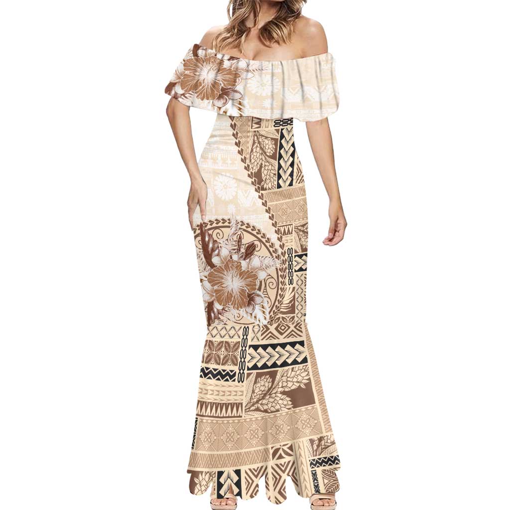 Samoa Siapo Elegant Mermaid Dress Hibiscus Beige Motifs LT05 - Polynesian Pride