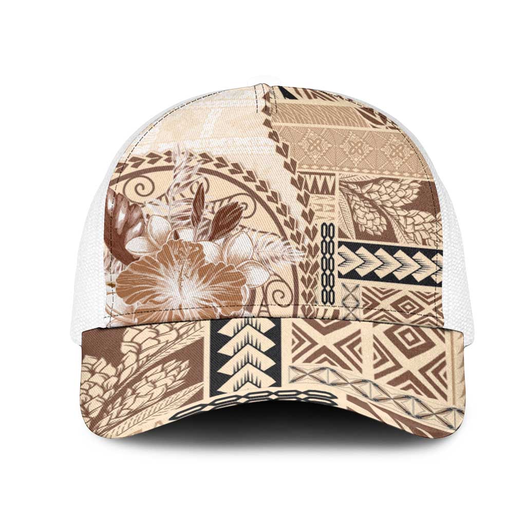 Samoa Siapo Elegant Mesh Trucker Cap Hibiscus Beige Motifs LT05 One Size White Beige - Polynesian Pride