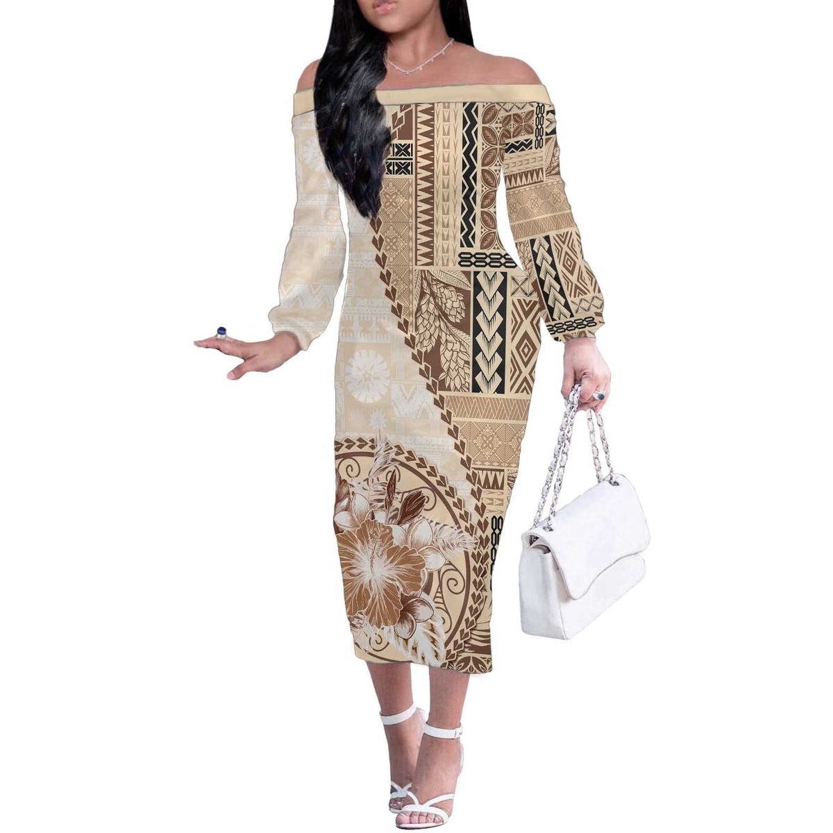 Samoa Siapo Elegant Off The Shoulder Long Sleeve Dress Hibiscus Beige Motifs LT05 Women Beige - Polynesian Pride