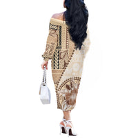 Samoa Siapo Elegant Off The Shoulder Long Sleeve Dress Hibiscus Beige Motifs LT05 - Polynesian Pride