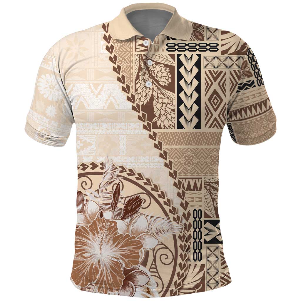 Samoa Siapo Elegant Polo Shirt Hibiscus Beige Motifs LT05 Beige - Polynesian Pride