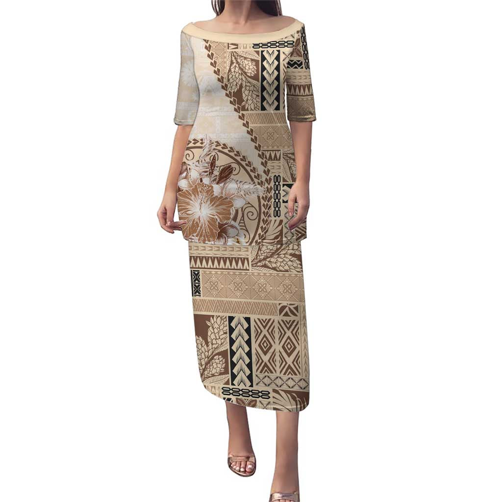 Samoa Siapo Elegant Puletasi Hibiscus Beige Motifs LT05 Long Dress Beige - Polynesian Pride