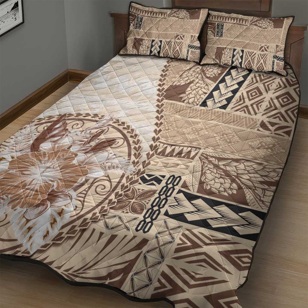 Samoa Siapo Elegant Quilt Bed Set Hibiscus Beige Motifs LT05 - Polynesian Pride