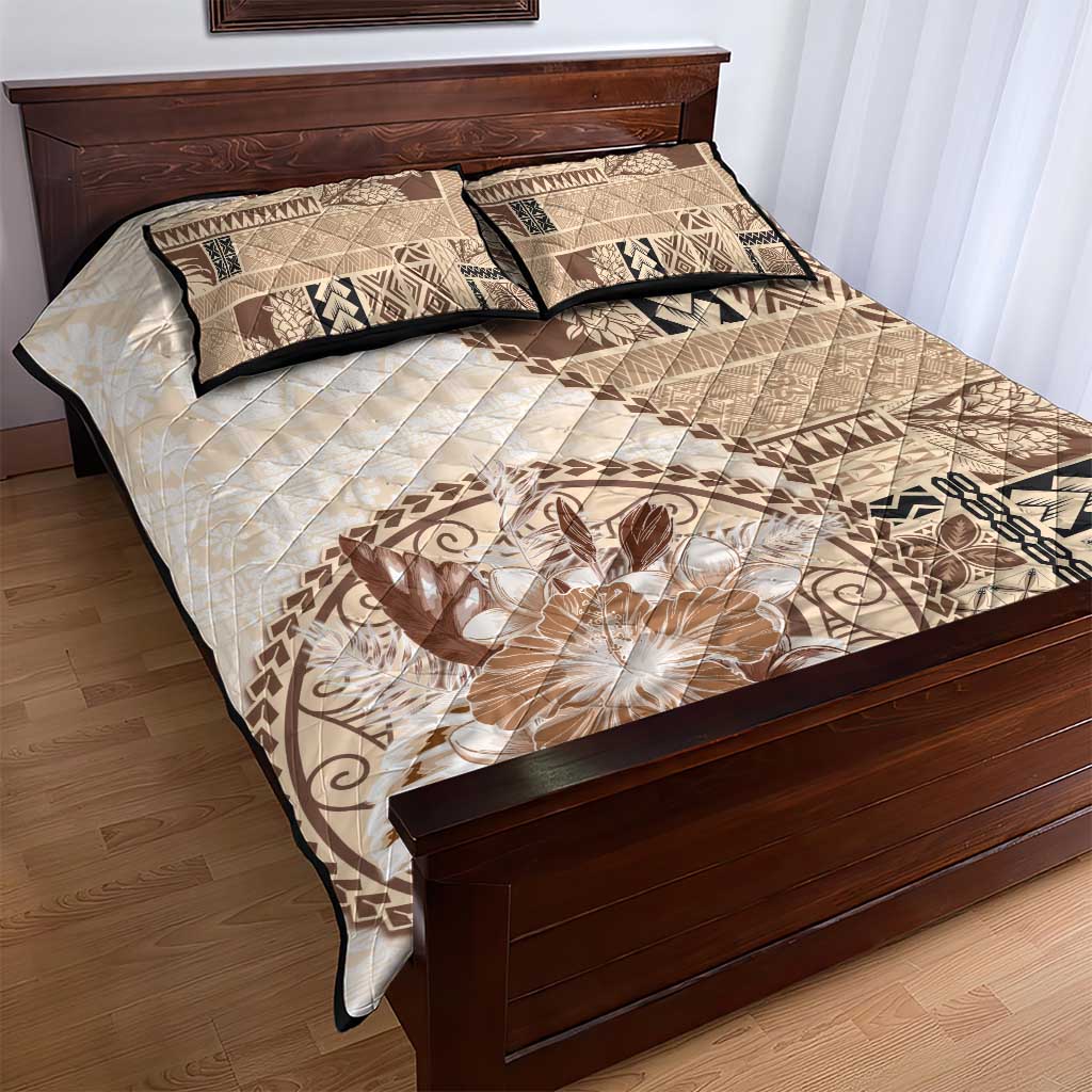 Samoa Siapo Elegant Quilt Bed Set Hibiscus Beige Motifs LT05 - Polynesian Pride