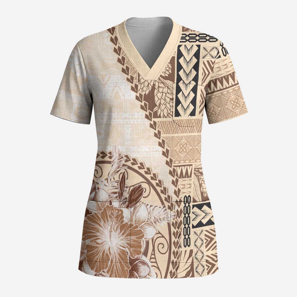 Samoa Siapo Elegant Scrub Top Hibiscus Beige Motifs LT05 Adult Beige - Polynesian Pride