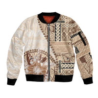 Samoa Siapo Elegant Sleeve Zip Bomber Jacket Hibiscus Beige Motifs LT05 Unisex Beige - Polynesian Pride