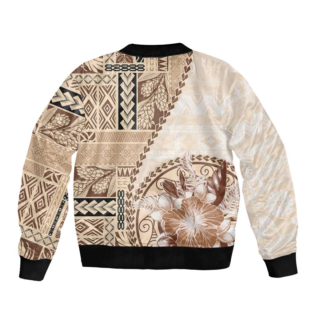 Samoa Siapo Elegant Sleeve Zip Bomber Jacket Hibiscus Beige Motifs LT05 - Polynesian Pride