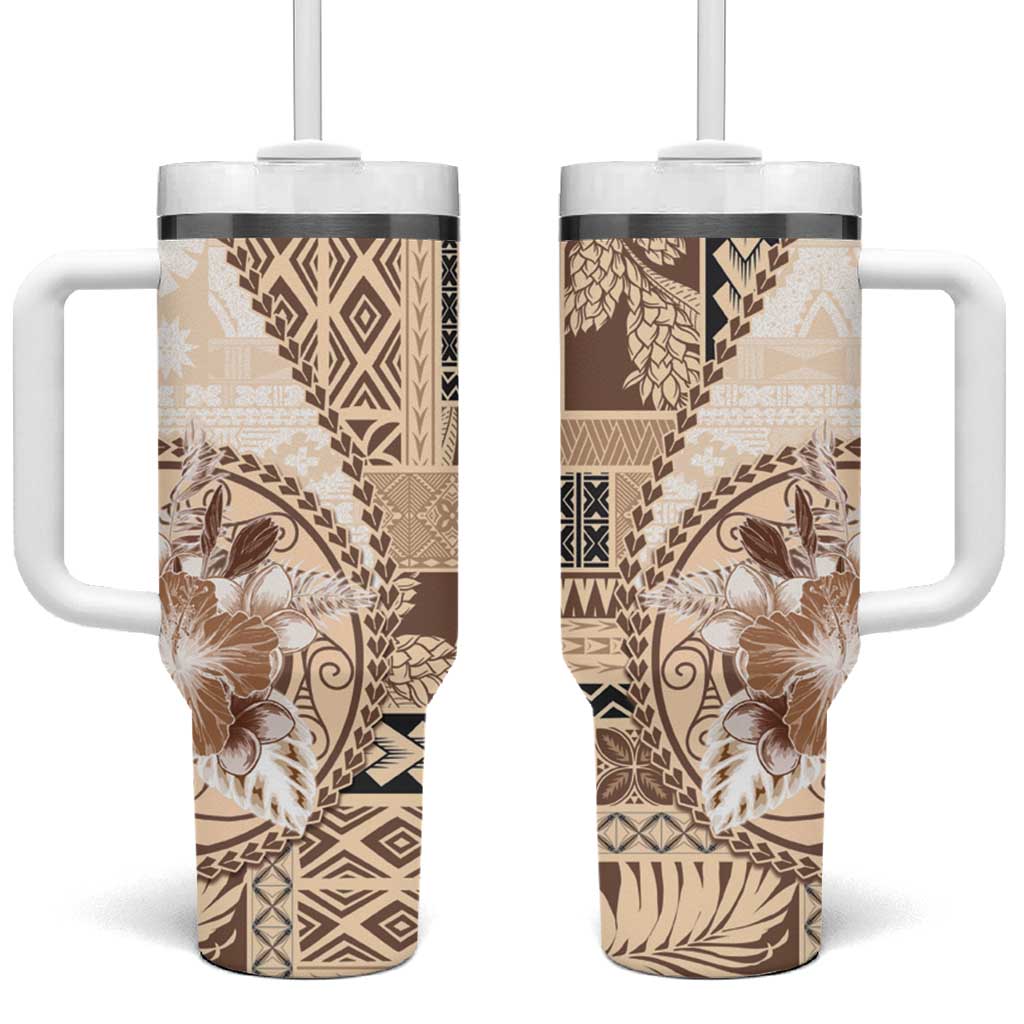 Samoa Siapo Elegant Tumbler With Handle Hibiscus Beige Motifs LT05 One Size: 40 oz Beige - Polynesian Pride