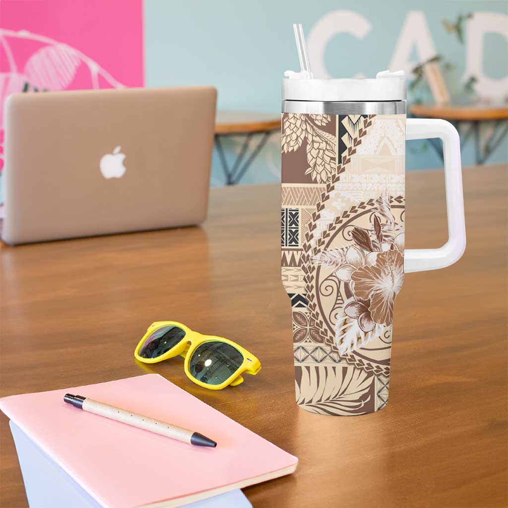 Samoa Siapo Elegant Tumbler With Handle Hibiscus Beige Motifs LT05 - Polynesian Pride