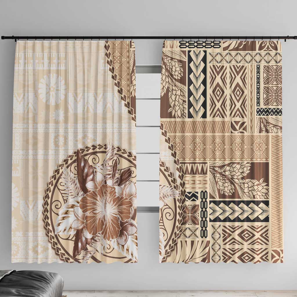 Samoa Siapo Elegant Window Curtain Hibiscus Beige Motifs LT05 With Hooks Beige - Polynesian Pride