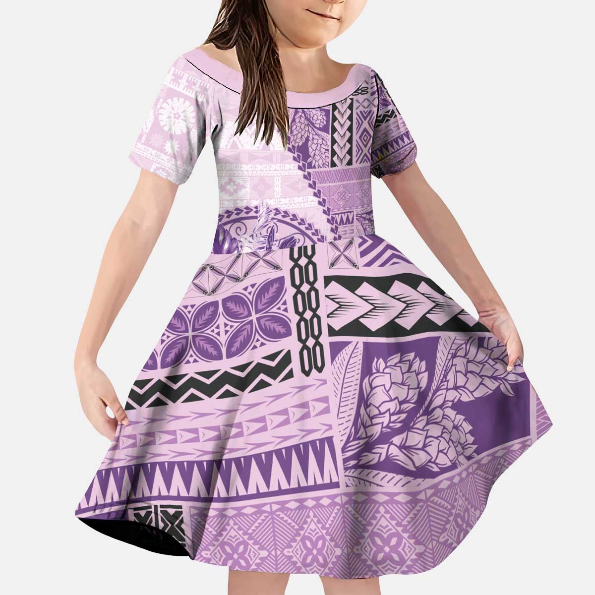 Samoa Siapo Elegant Kid Short Sleeve Dress - Hibiscus Violet Motifs LT05 KID Violet - Polynesian Pride