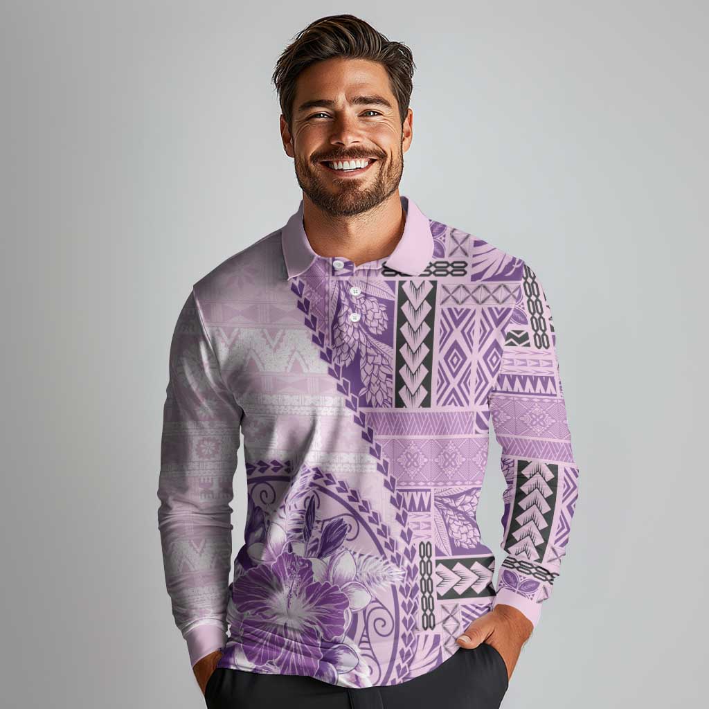 Samoa Siapo Elegant Long Sleeve Polo Shirt Hibiscus Violet Motifs LT05 - Polynesian Pride