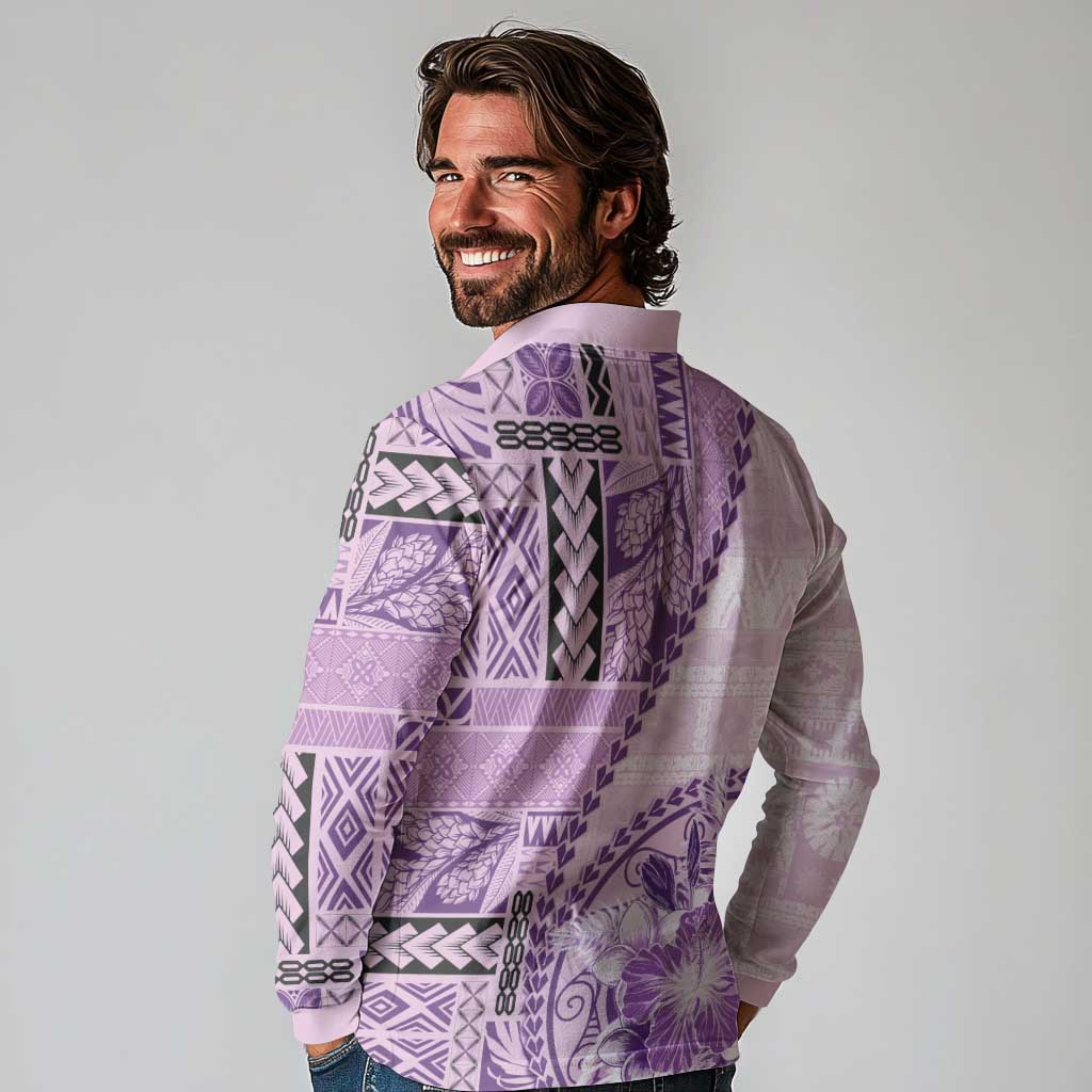 Samoa Siapo Elegant Long Sleeve Polo Shirt Hibiscus Violet Motifs LT05 - Polynesian Pride
