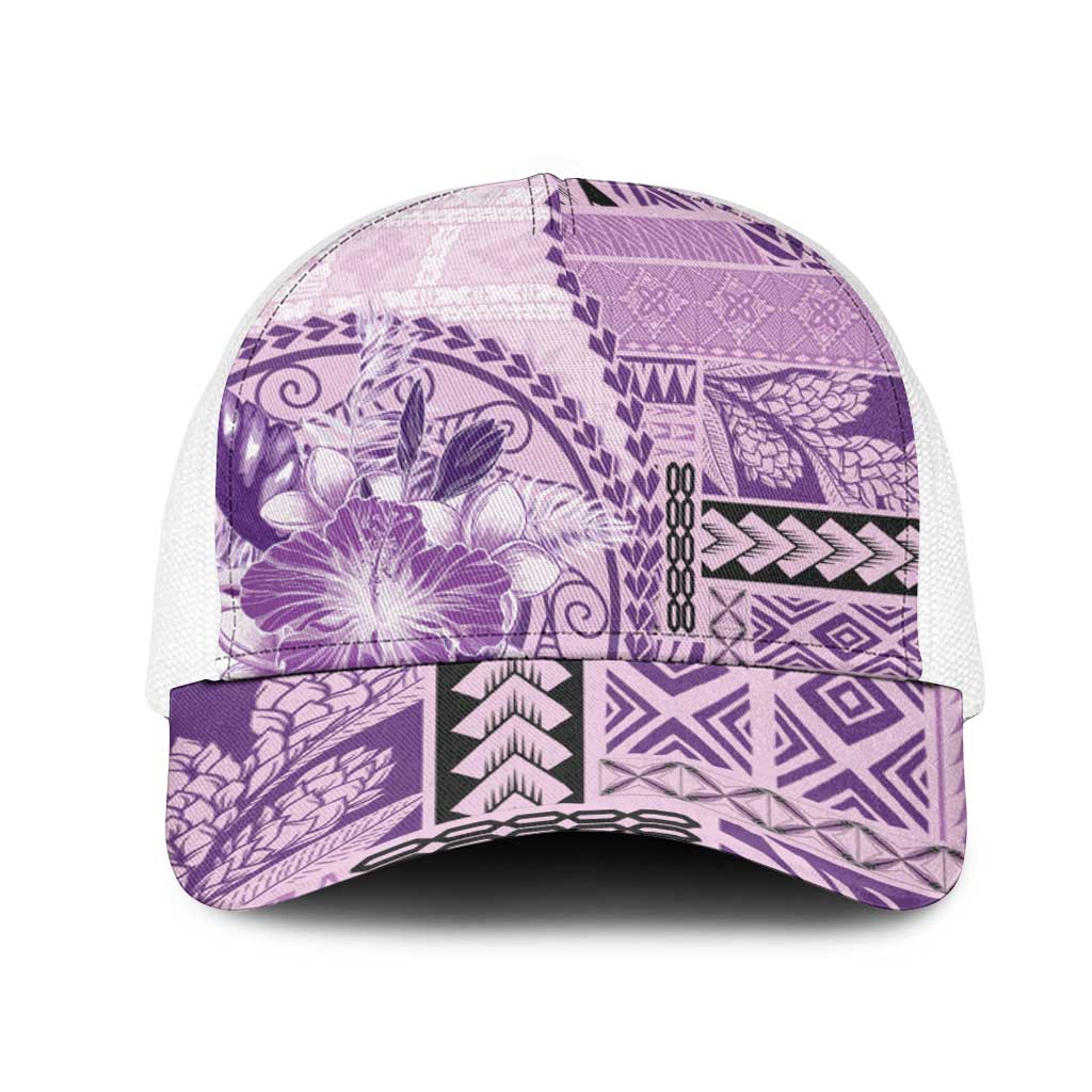 Samoa Siapo Elegant Mesh Trucker Cap Hibiscus Violet Motifs LT05 One Size White Violet - Polynesian Pride