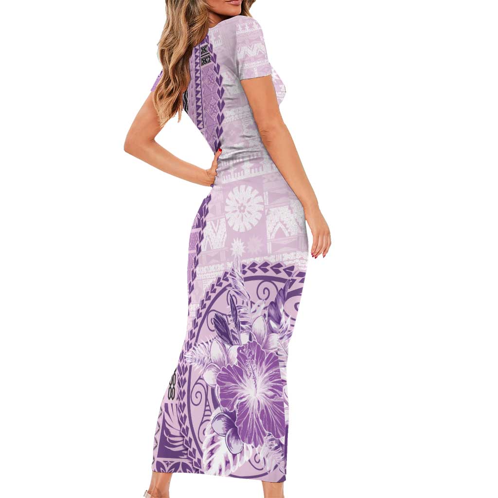 Samoa Siapo Elegant Short Sleeve Bodycon Dress Hibiscus Violet Motifs LT05 - Polynesian Pride