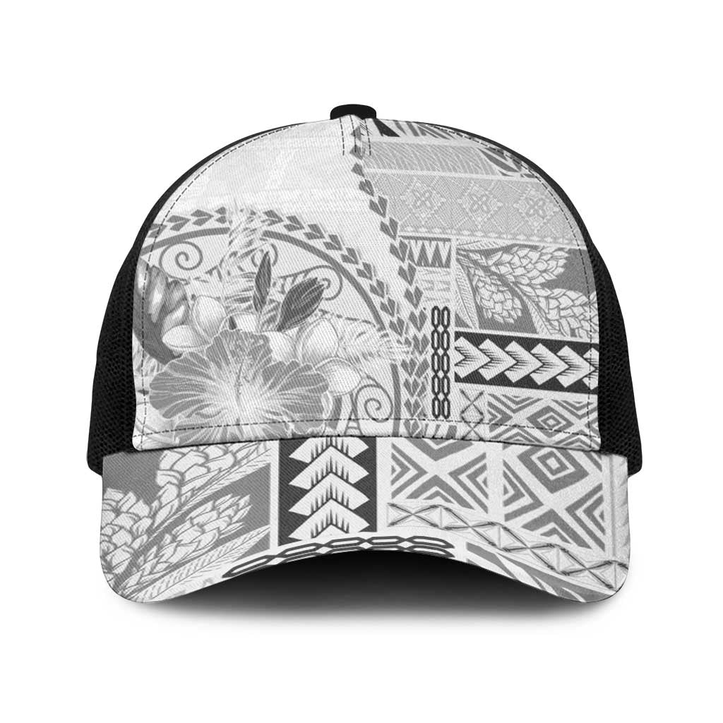 Samoa Siapo Elegant Baseball Net Cap Hibiscus White Motifs LT05 One Size Black White - Polynesian Pride