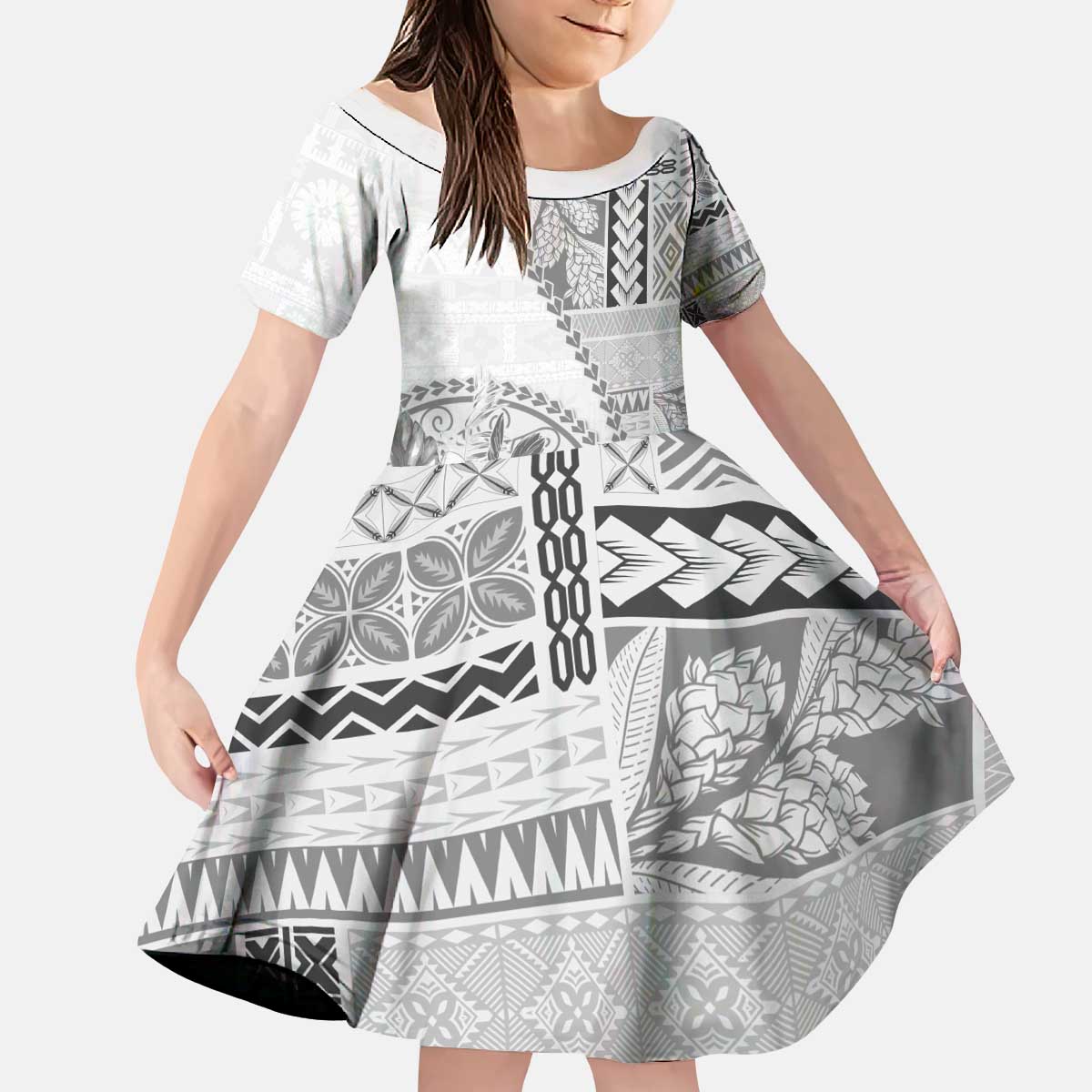 Samoa Siapo Elegant Kid Short Sleeve Dress Hibiscus White Motifs LT05 KID White - Polynesian Pride