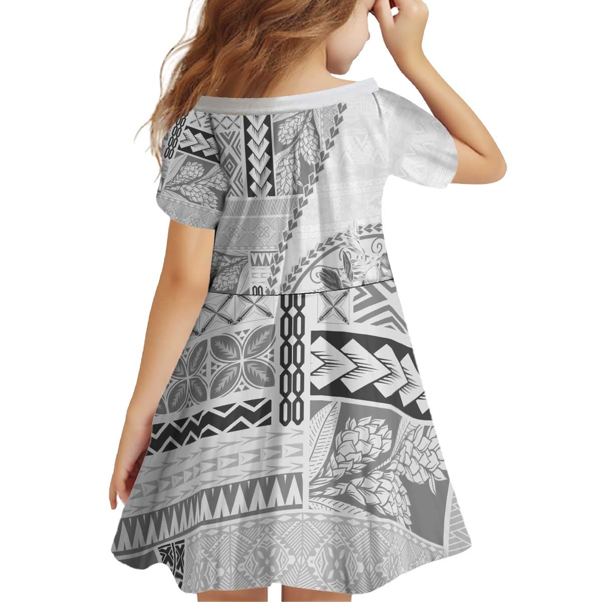 Samoa Siapo Elegant Kid Short Sleeve Dress Hibiscus White Motifs LT05 - Polynesian Pride