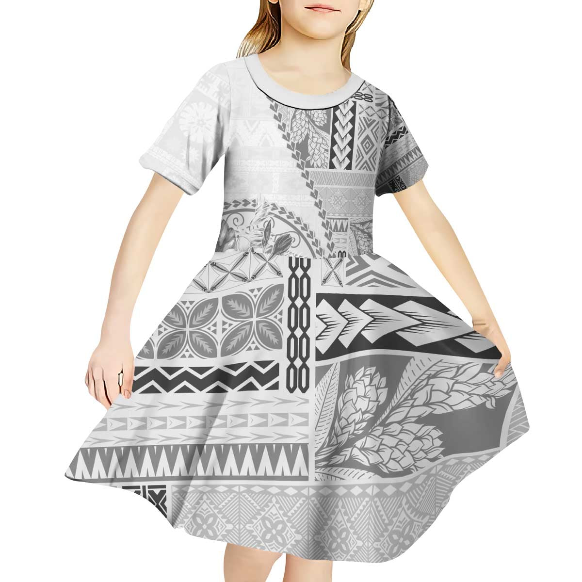 Samoa Siapo Elegant Kid Short Sleeve Dress Hibiscus White Motifs LT05 - Polynesian Pride