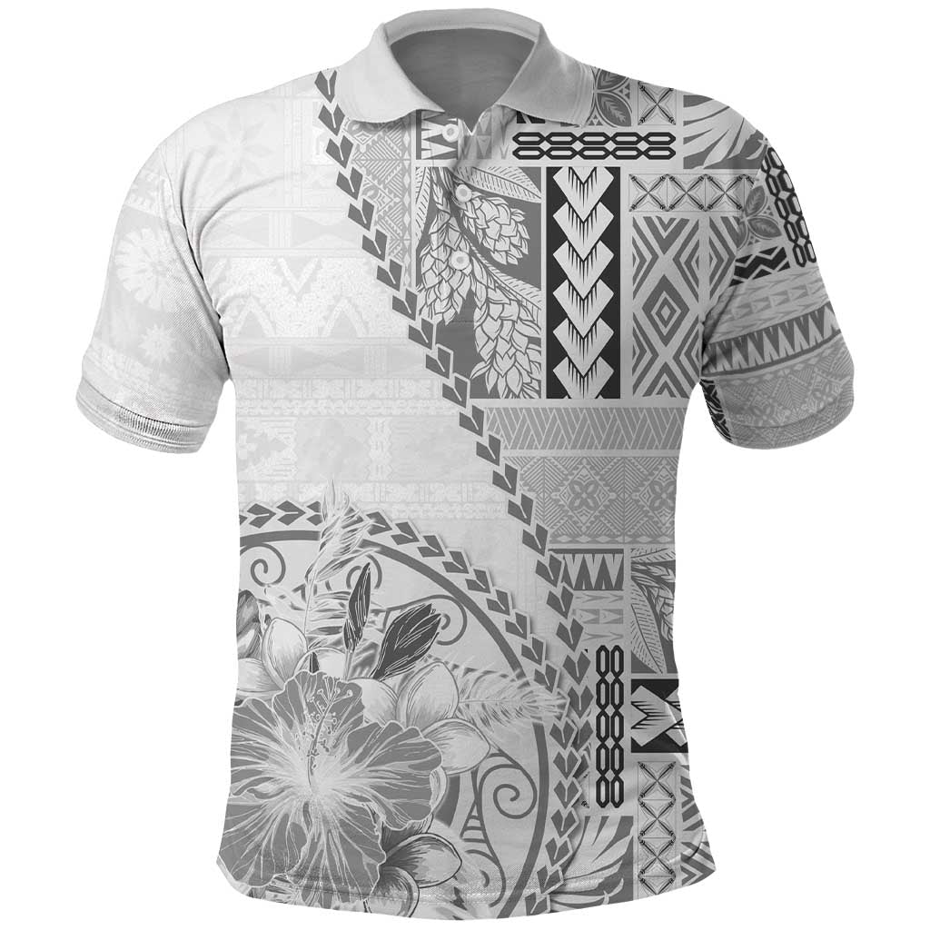 Samoa Siapo Elegant Polo Shirt Hibiscus White Motifs LT05 White - Polynesian Pride