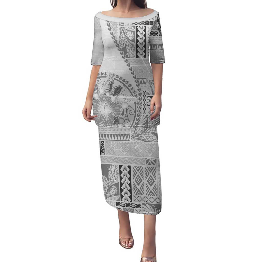 Samoa Siapo Elegant Puletasi Hibiscus White Motifs LT05 Long Dress White - Polynesian Pride