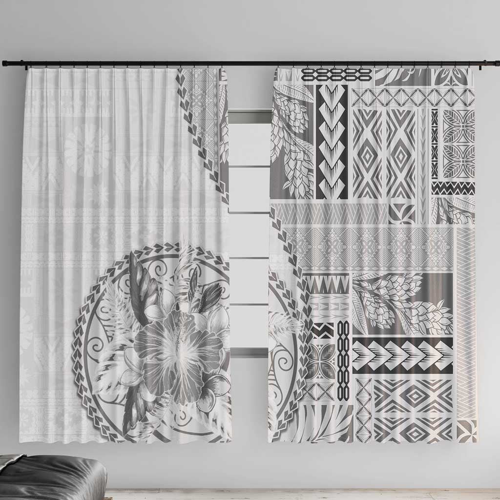 Samoa Siapo Elegant Window Curtain Hibiscus White Motifs LT05 With Hooks White - Polynesian Pride