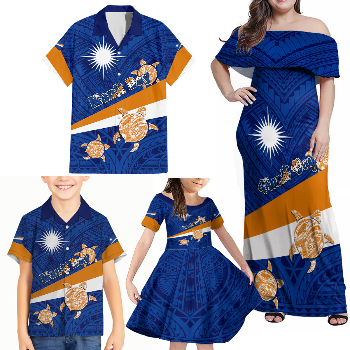 Personalized Marshall Islands Family Matching Off Shoulder Maxi Dress and Hawaiian Shirt Manit Day Coat Of Arms With Polynesian Turtle LT05 - Polynesian Pride