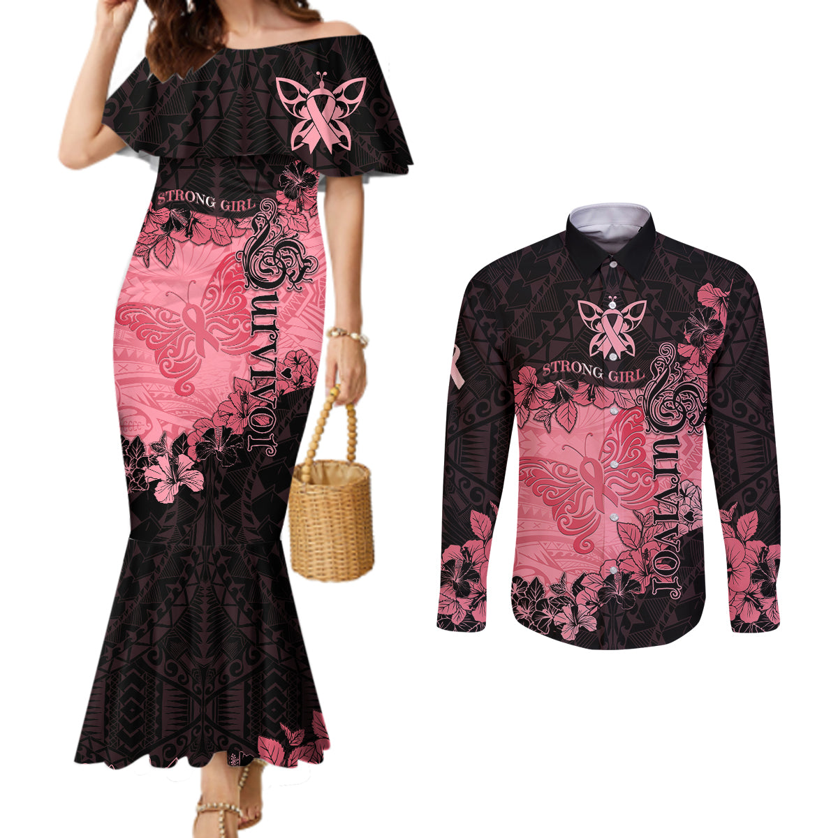 Breast Cancer Couples Matching Mermaid Dress and Long Sleeve Button Shirts Survivor Polynesian Ribbon Butterfly LT05 Pink - Polynesian Pride