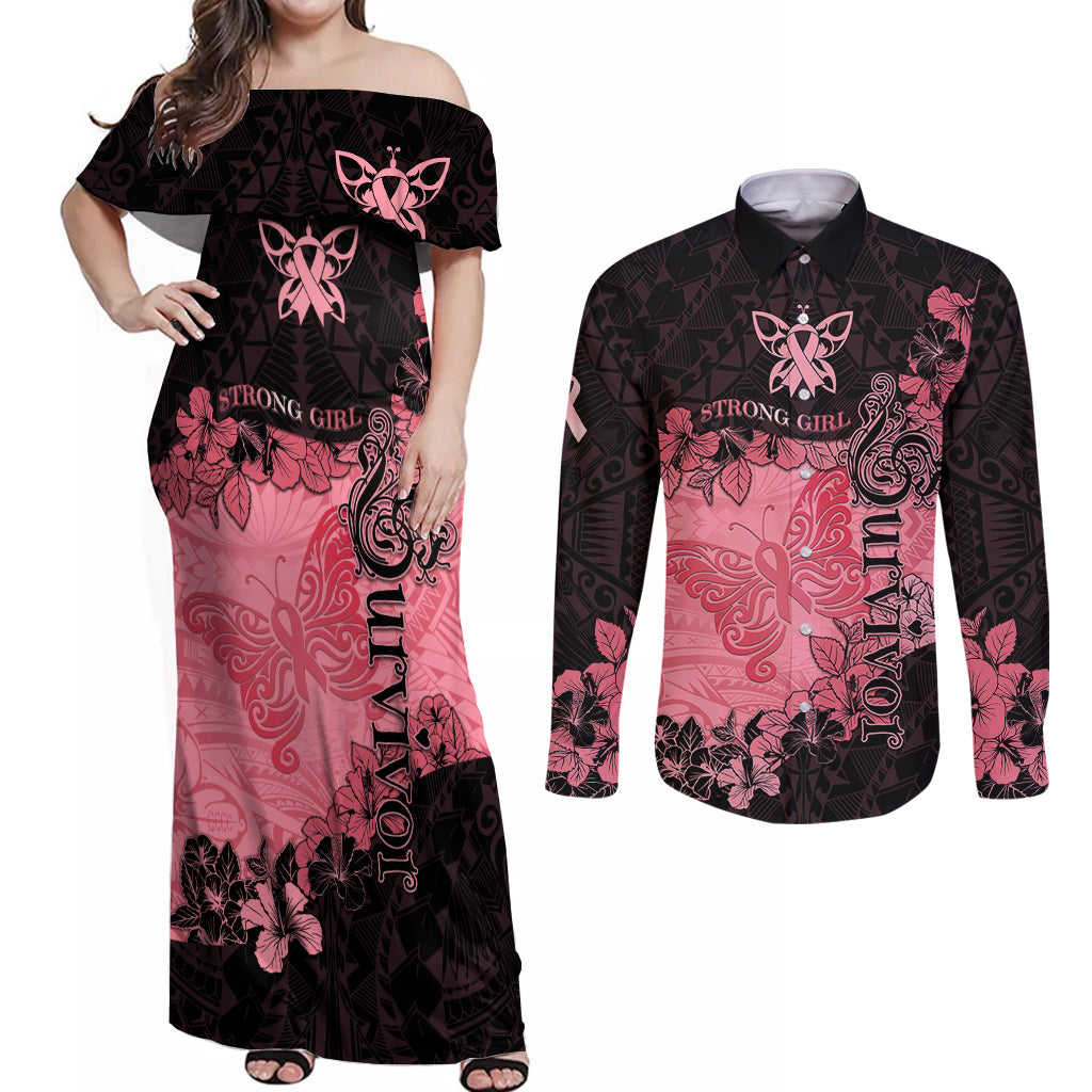 Breast Cancer Couples Matching Off Shoulder Maxi Dress and Long Sleeve Button Shirts Survivor Polynesian Ribbon Butterfly LT05 Pink - Polynesian Pride