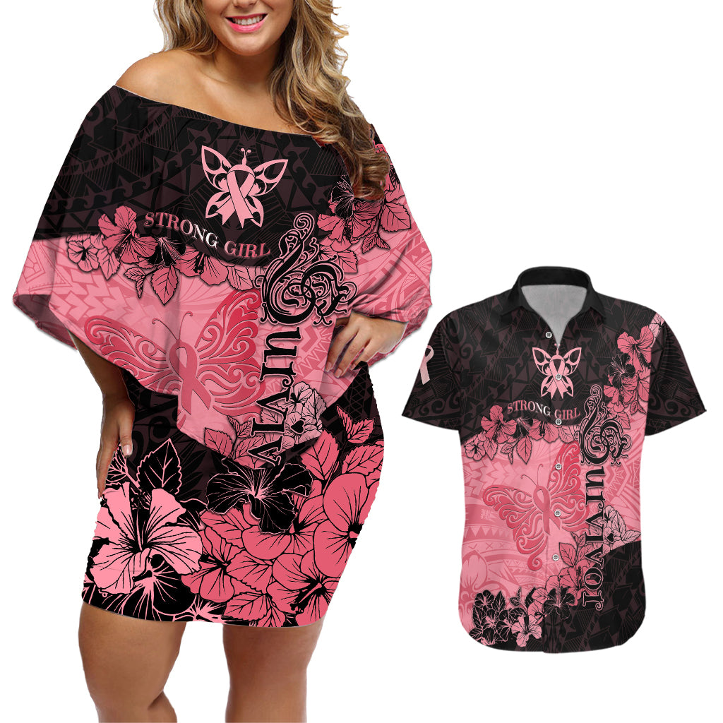 Breast Cancer Couples Matching Off Shoulder Short Dress and Hawaiian Shirt Survivor Polynesian Ribbon Butterfly LT05 Pink - Polynesian Pride