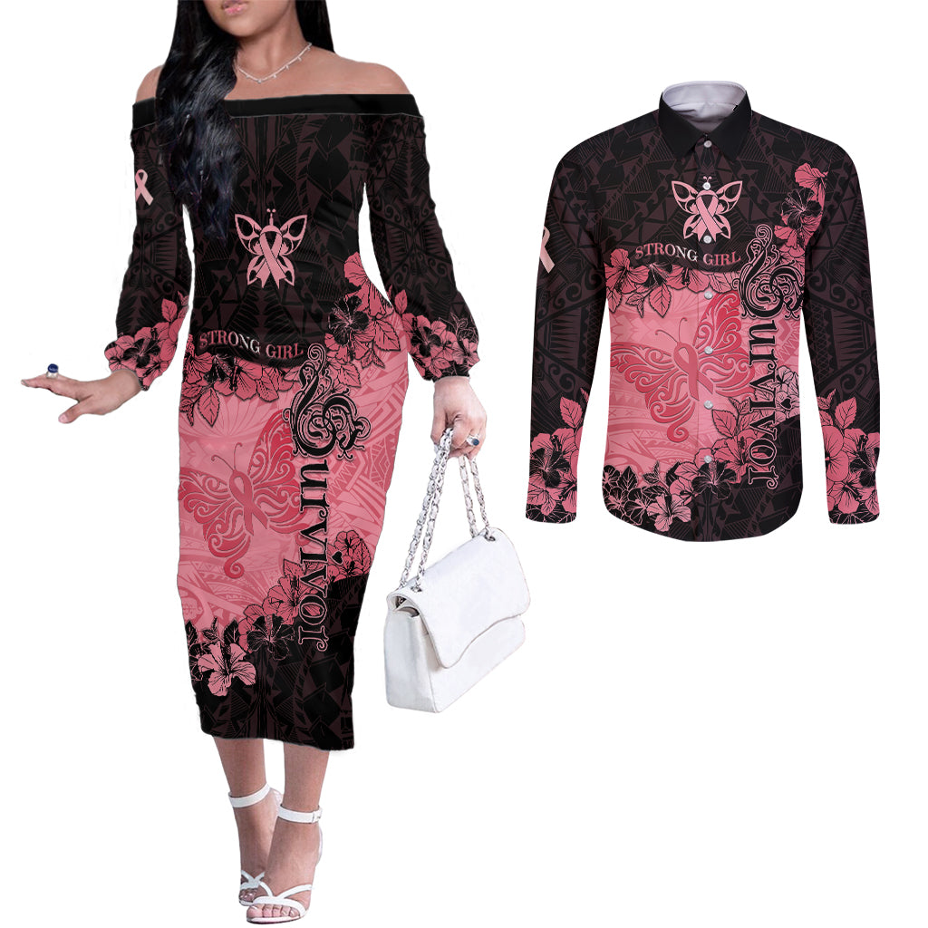 Breast Cancer Couples Matching Off The Shoulder Long Sleeve Dress and Long Sleeve Button Shirts Survivor Polynesian Ribbon Butterfly LT05 Pink - Polynesian Pride