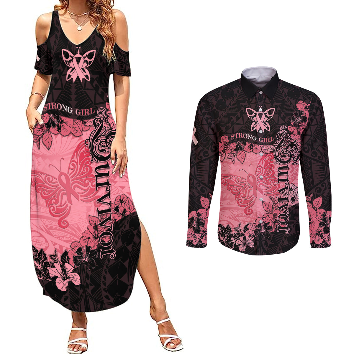 Breast Cancer Couples Matching Summer Maxi Dress and Long Sleeve Button Shirts Survivor Polynesian Ribbon Butterfly LT05 Pink - Polynesian Pride