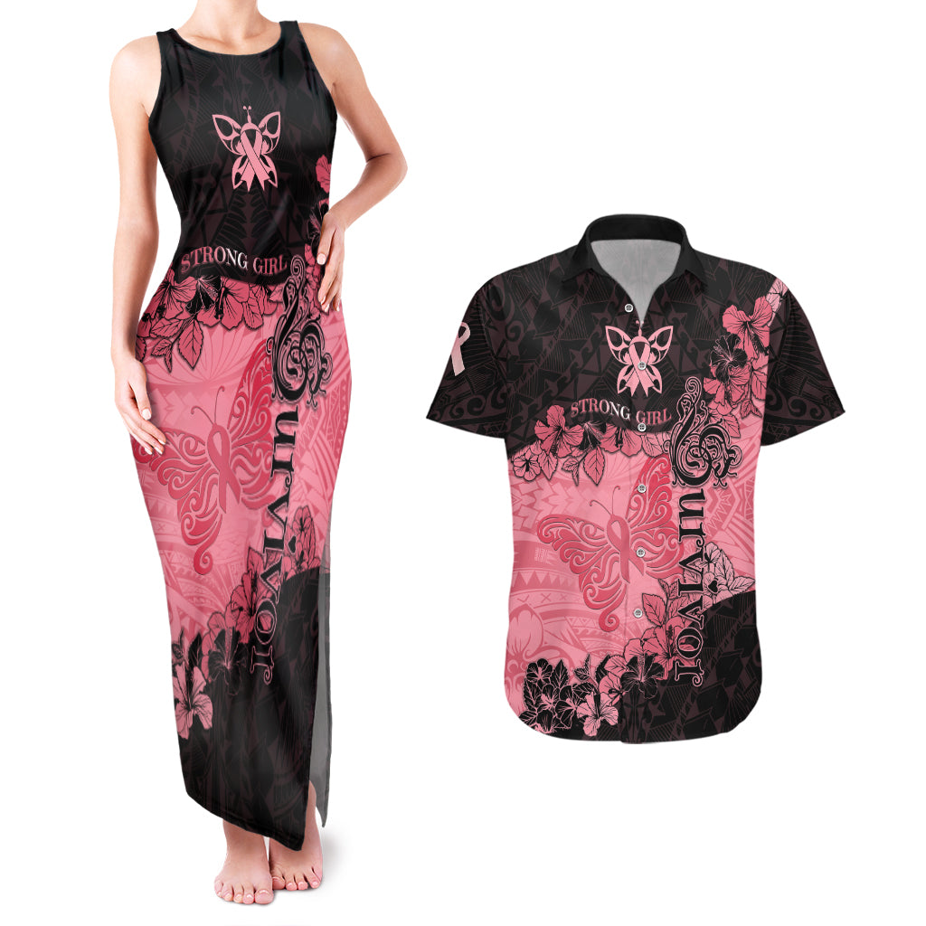 Breast Cancer Couples Matching Tank Maxi Dress and Hawaiian Shirt Survivor Polynesian Ribbon Butterfly LT05 Pink - Polynesian Pride