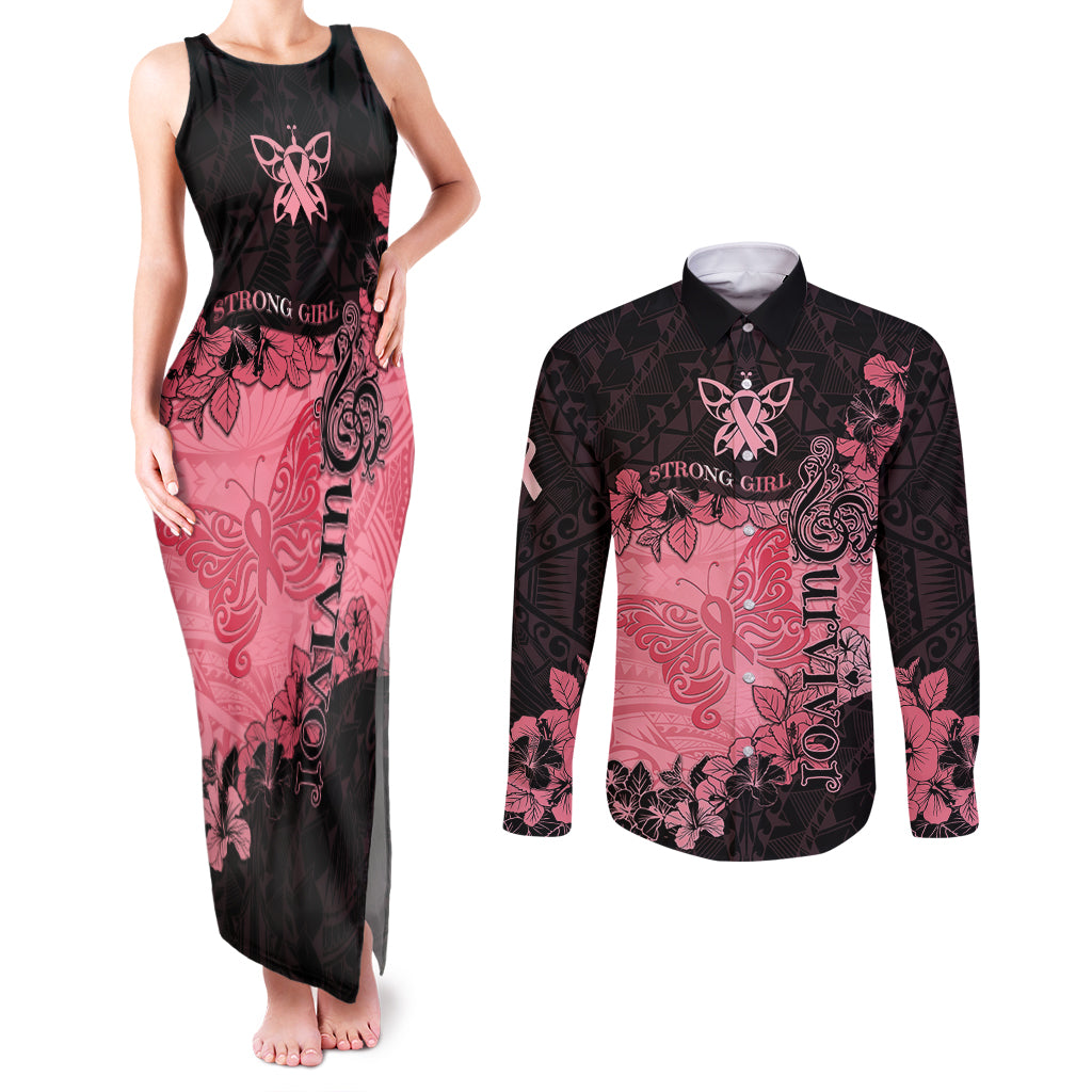 Breast Cancer Couples Matching Tank Maxi Dress and Long Sleeve Button Shirts Survivor Polynesian Ribbon Butterfly LT05 Pink - Polynesian Pride