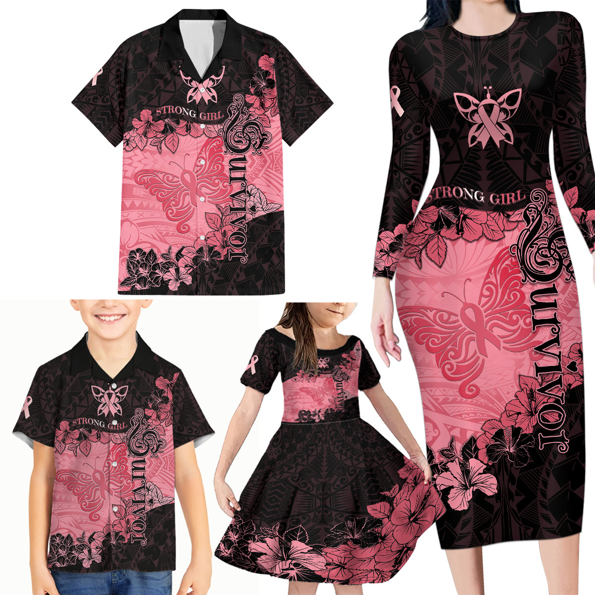 Breast Cancer Family Matching Long Sleeve Bodycon Dress and Hawaiian Shirt Survivor Polynesian Ribbon Butterfly LT05 - Polynesian Pride