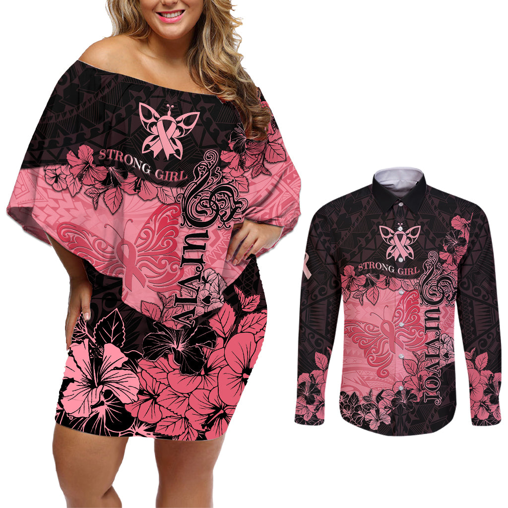 Personalized Breast Cancer Couples Matching Off Shoulder Short Dress and Long Sleeve Button Shirts Survivor Polynesian Ribbon Butterfly LT05 Pink - Polynesian Pride