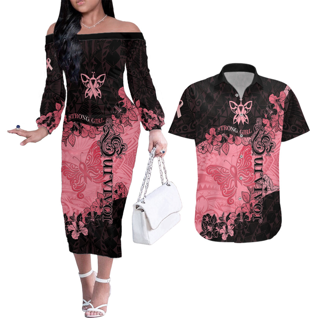 Personalized Breast Cancer Couples Matching Off The Shoulder Long Sleeve Dress and Hawaiian Shirt Survivor Polynesian Ribbon Butterfly LT05 Pink - Polynesian Pride