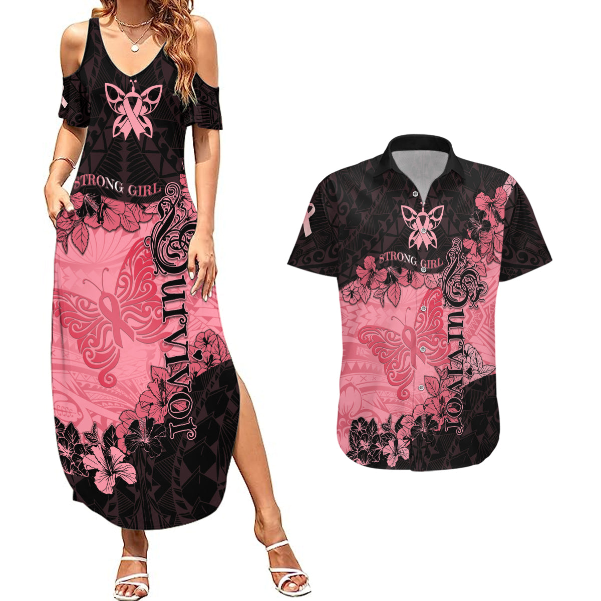 Personalized Breast Cancer Couples Matching Summer Maxi Dress and Hawaiian Shirt Survivor Polynesian Ribbon Butterfly LT05 Pink - Polynesian Pride