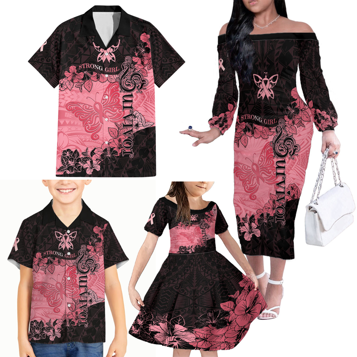 Personalized Breast Cancer Family Matching Off Shoulder Long Sleeve Dress and Hawaiian Shirt Survivor Polynesian Ribbon Butterfly LT05 - Polynesian Pride